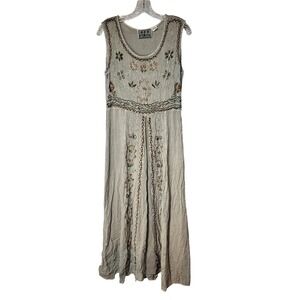 MPH Grey Floral Embroidered Sleeveless Maxi Dress Medium Boho Hippie Grunge